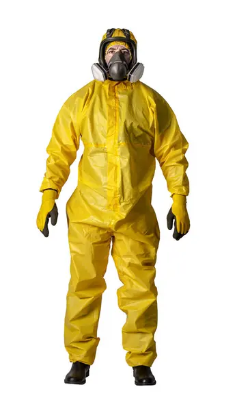 Front View Person Clad Full Yellow Hazmat Suit Safety Goggles — Stock Photo, Image