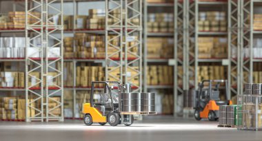 Hareketli bir depo ortamında malları taşıyacak forklift kullanılıyor. 3d hazırlayıcı