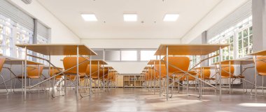 Alt kattan ilkokul sınıf manzarası. 3d hazırlayıcı