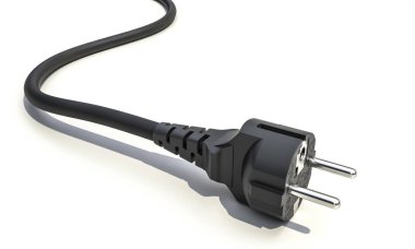 Beyaz arka planda esnek bir kabloyla siyah bir elektrik prizinin izole edilmiş 3D görüntüsü