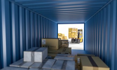 Arka planda mavi kargo konteynırının içinde kutular ve forklift var. 3d hazırlayıcı