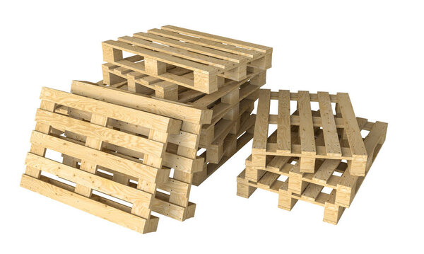 Pile of empty wooden pallets isolated on white, suitable for shipping and logistics concepts. 3d render