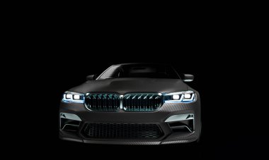 Modern lüks sedan koyu bir arka planda aydınlatılmış. 3d hazırlayıcı