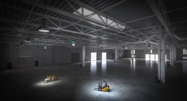 Forklifti olan geniş bir sanayi deposu. 3d hazırlayıcı