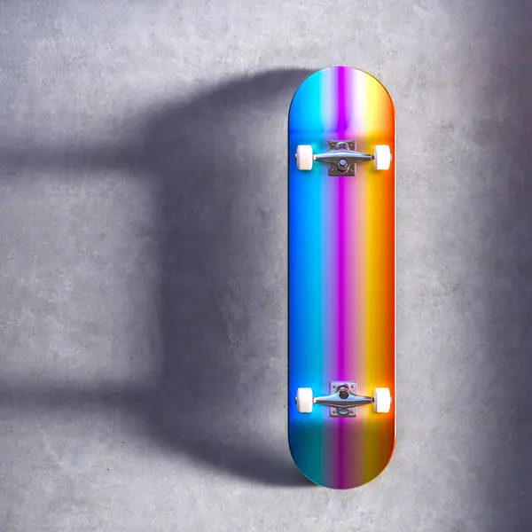 有彩虹图案的滑板靠在有纹理的混凝土背景上 3D渲染 — 图库照片