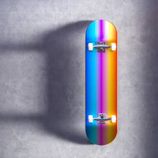 有彩虹图案的滑板靠在有纹理的混凝土背景上 3D渲染 免版税图库图片