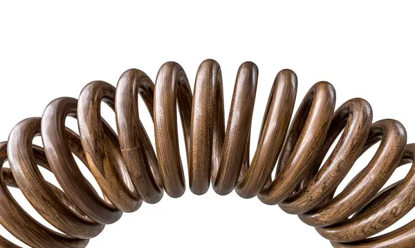 Detaillierte Nahaufnahme Von Miteinander Verflochtenen Spiralspulen Aus Holz Auf Weißem Stockbild