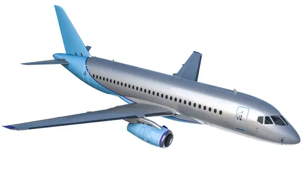 Візуалізація Сучасних Пасажирських Літаків Синім Хвостом Двигунами Ізольовані Білому Тлі Ліцензійні Стокові Зображення