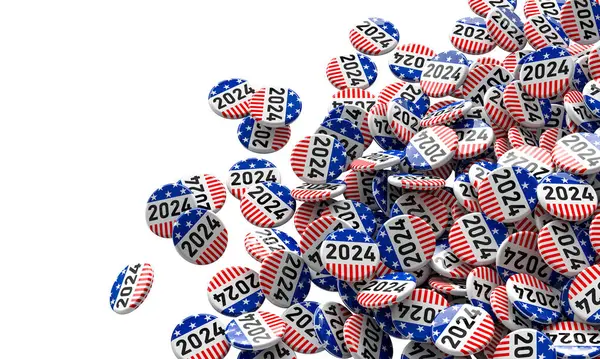 Las Insignias Electorales Americanas 2024 Cayendo Sobre Blanco Aislado Renderizar Imagen De Stock