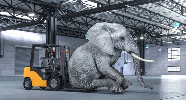 Imagen Surrealista Elefante Sentado Junto Una Carretilla Elevadora Almacén Industrial Fotos de stock