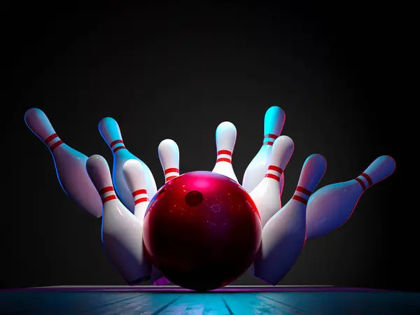 ボーリングボールがピンに当たる 暗い背景 3Dレンダリング ストック画像