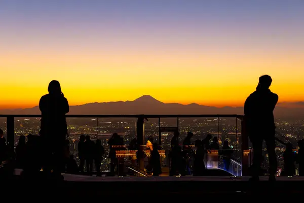 Люди Восхищаются Городским Пейзажем Токио Фоне Яркого Заката Горизонтом Силуэта Лицензионные Стоковые Изображения