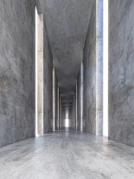 自然光で照らされるコンクリートの壁が付いている長い廊下 3Dレンダリング ストック写真