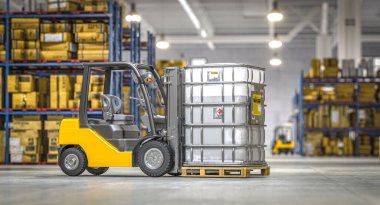 Forklift modern bir depoya tehlikeli bir varil taşır. 3d hazırlayıcı