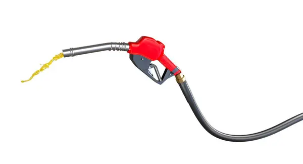 一个红色气体泵喷嘴的3D示例 喷出燃料 在白色上隔离 图库照片