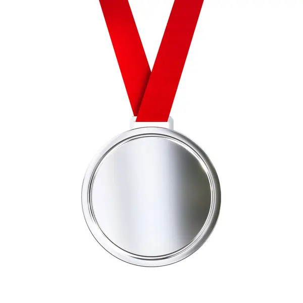 Blank Silver Medal Red Ribbon Isolated White — Stock Photo, Image
