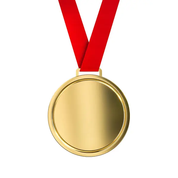 Neznačková Zlatá Medaile Lesklou Povrchovou Úpravou Pulzující Červenou Stuhou Vykreslení Royalty Free Stock Obrázky