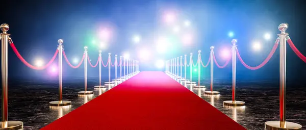 Legant Red Carpet Flanked Velvet Ropes Illuminated Colorful Spotlights Render — Stock Photo, Image