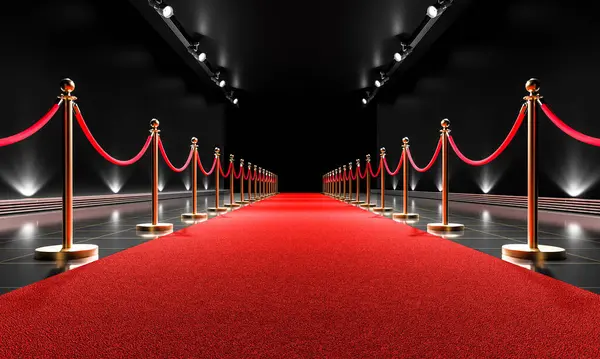 华丽的红地毯衬有天鹅绒的绳索 这将导致一个背景明亮的活动 3D渲染 免版税图库照片