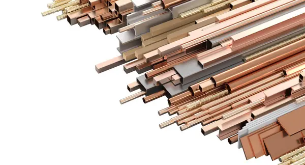 光沢のある銅色の金属管および管の抽象的な配置 3Dレンダリング ストックフォト