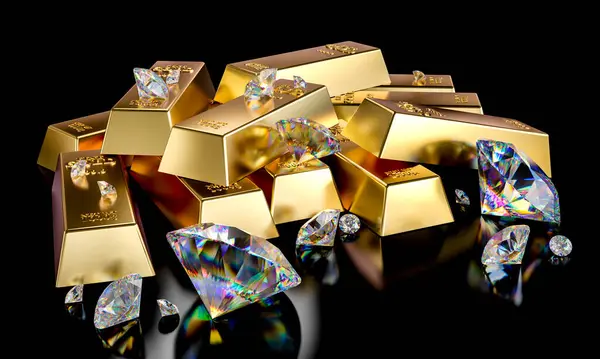 Pile Gold Ingot Scattering Diamonds Render — Stock Photo, Image