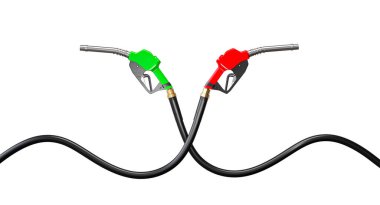 Birbirine dolanmış iki yakıt pompası beyaz arka planda izole edilmiş bir kalp şekli oluşturuyor.