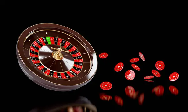 Spinning Casino Roulette Wheel Mit Fliegenden Chips Render lizenzfreie Stockfotos