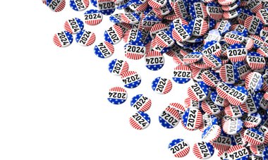 Multitude of 2024-related campaign buttons cascade into view, isolated on white clipart