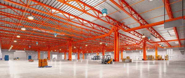 オレンジの鋼鉄構造 3Dレンダリングが付いている現代空の倉庫 ストック写真