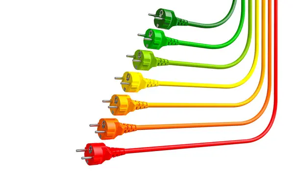 Электрические Вилки Разноцветные Шнуры Энергетический Класс Изолированный Белый Фон Стоковое Фото