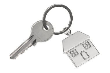 Gümüş ev şekilli anahtarlık bağlı metal anahtar şeffaf arkaplan