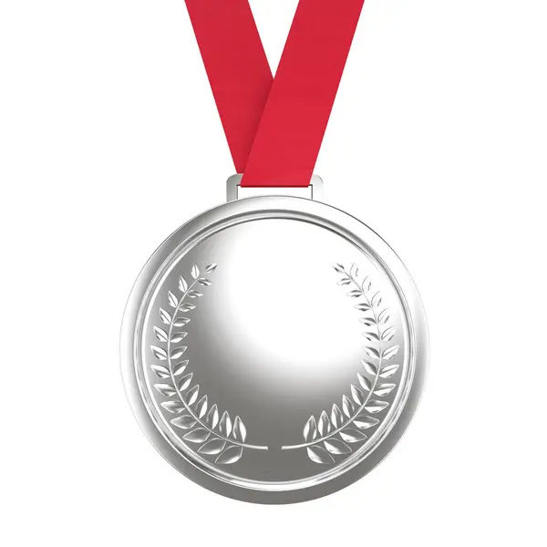 Серебряный Лавровый Венок Медаль Яркая Красная Лента Победа Конкуренция Приз Лицензионные Стоковые Фото