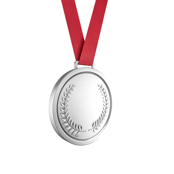 Серебряный Лавровый Венок Медаль Яркая Красная Лента Победа Конкуренция Приз Лицензионные Стоковые Изображения