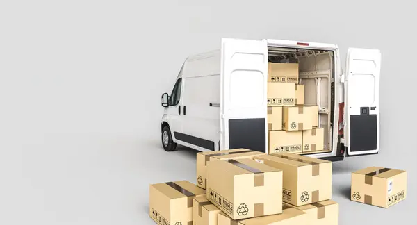 Biały Van Towarowy Otworzyć Drzwi Liczne Paczki Dostawy Logistyczne Ekspresowe Obrazy Stockowe bez tantiem