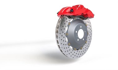  Red caliper havalandırmalı disk freni, izole edilmiş beyaz. Otomotiv arka planı
