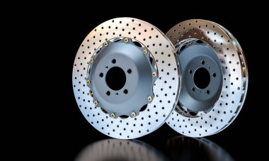 Pair  ventilated drilled brake discs sports cars isolated  black background clipart