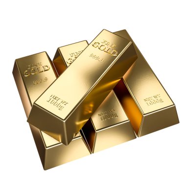 Parlak altın külçeleri istiflenmiş, izole edilmiş şeffaf arkaplan