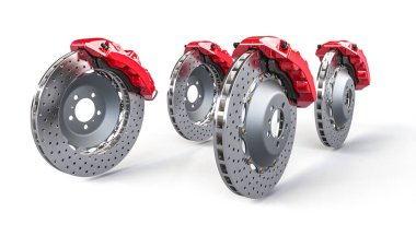 Dört havalandırmalı fren diski. Kırmızı kalibre. Beyaz arka plan.