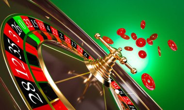 Klasik kumarhane ruleti. Kırmızı çipli, yeşil arka planlı.