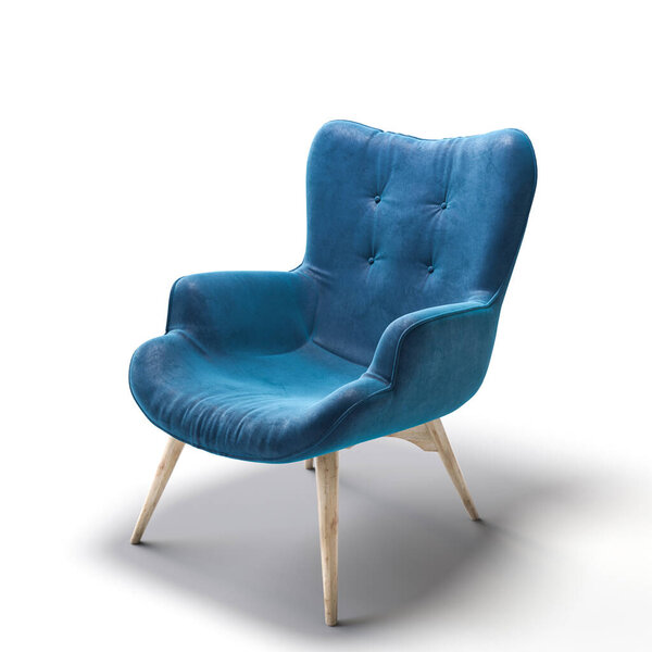 Modern blue armchair wooden legs isolated  white background 3d