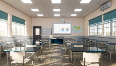 Boş okul sınıfının iç sıraları, çizelge eğitim kavramını gösteren beyaz tahtalar