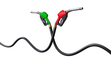 3D rendeleme kırmızı yakıt pompası hortumlar karışık, izole arka plan