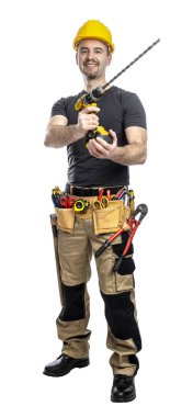 Gülen Kafkasyalı miğfer ve alet kemeri izole edilmiş arka plan