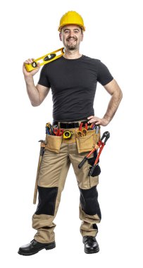 Neşeli Kafkas işçi sert şapka seviyesi, izole şeffaf arka plan