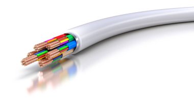 Yakın plan beyaz elektrik kablosu bakır kablolar beyaz arka plan. 3d hazırlayıcı