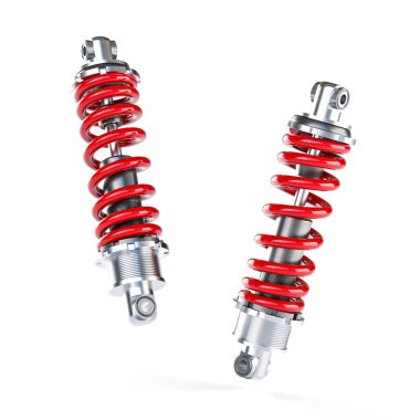 Beyaz arka planda duran iki kırmızı şok emici. 3d hazırlayıcı