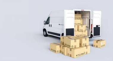 Beyaz minibüs, arka plandaki karton kutuları açıyor. 3d hazırlayıcı 