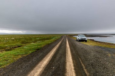 ICELAND - 3 Temmuz 2024: Dacia Duster, toprak yola park etmiş, geniş çimenli düzlüklerde su birikintisi var.