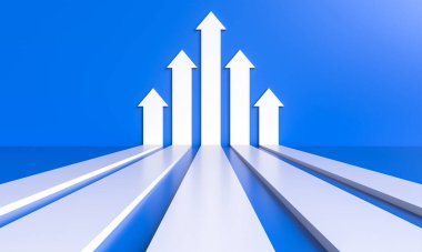 Mavi arkaplanı gösteren beş beyaz ok 3d oluşturma