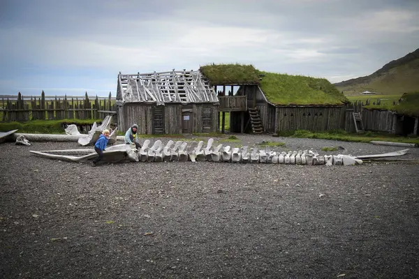 stock image Two children playing  whale skeleton  reconstructed viking settlement Iceland